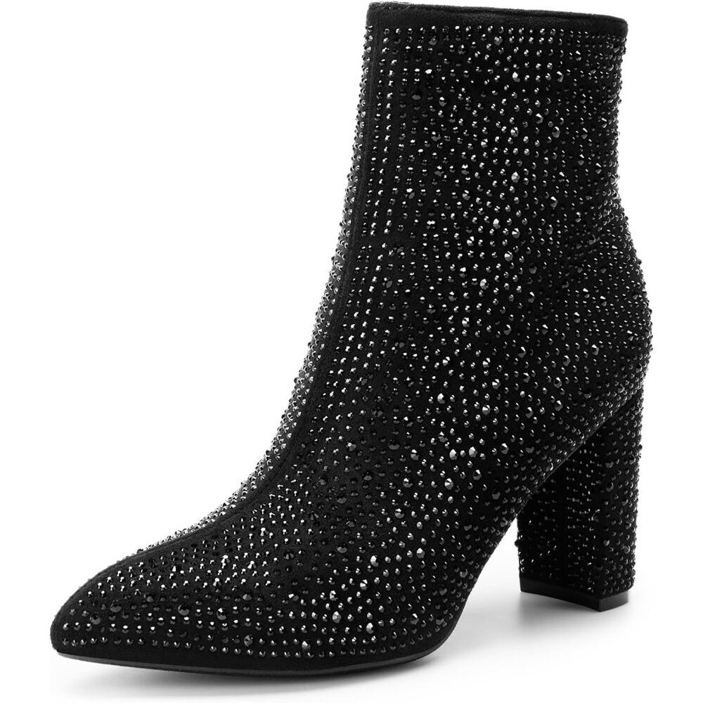 Dream Pairs Women's Black-rhinestone Pointed Toe Fur Lining Block Heel Booties